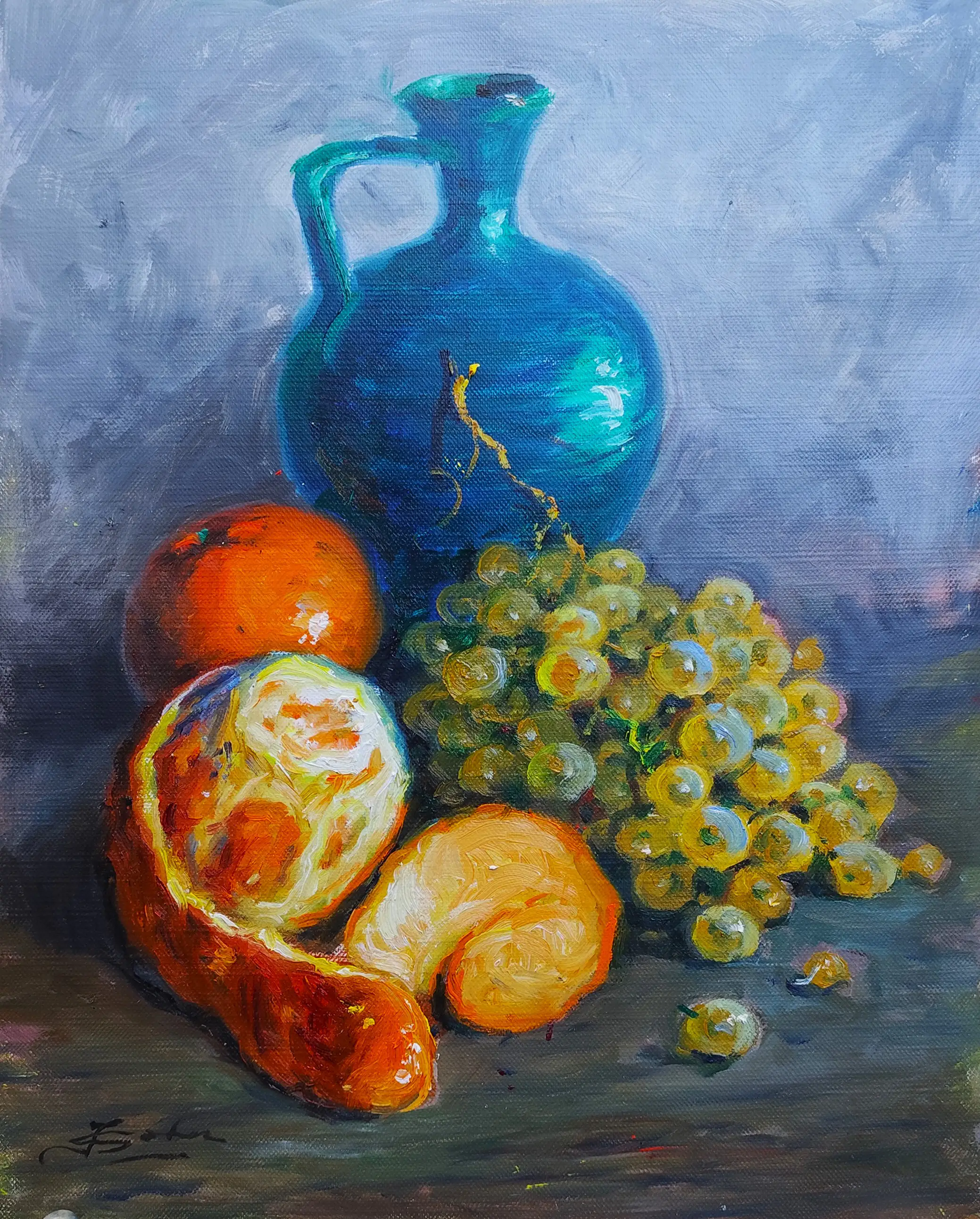 Obra titulada «Bodegón con naranjas y uvas» de Juan Soler