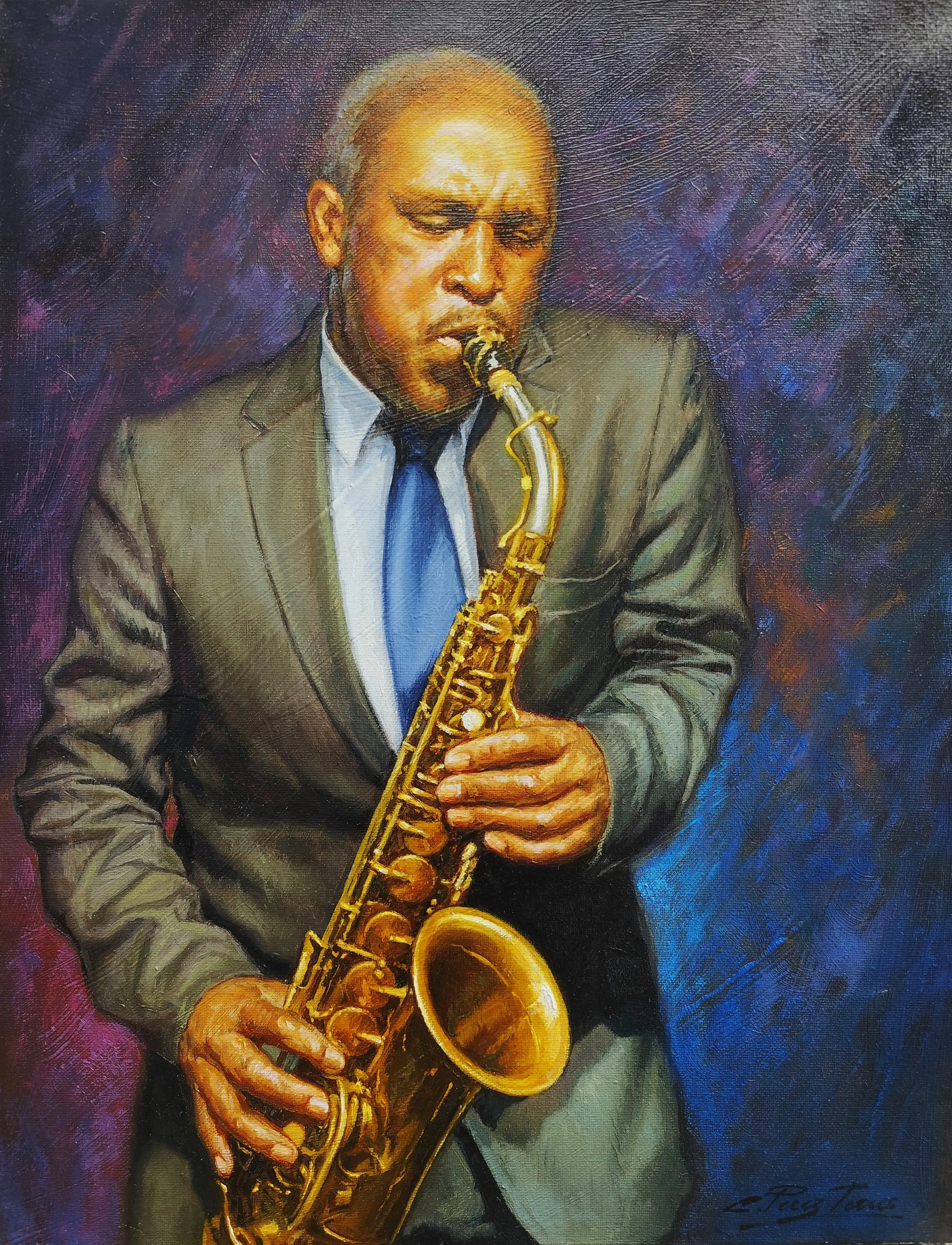 Obra titulada «Saxofonista» de César Pérez Torres