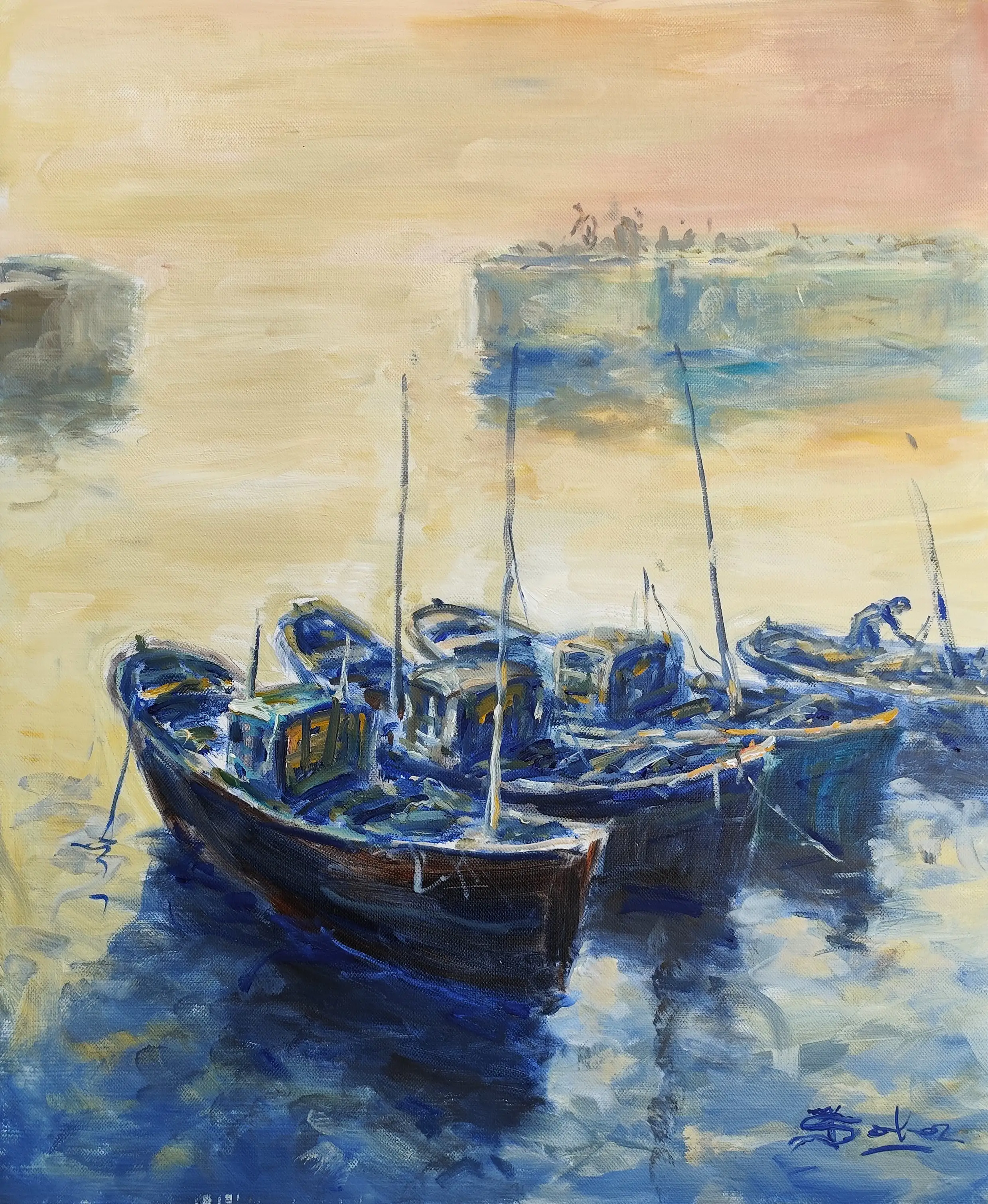 Obra titulada «Barcas en el puerto» de Juan Soler