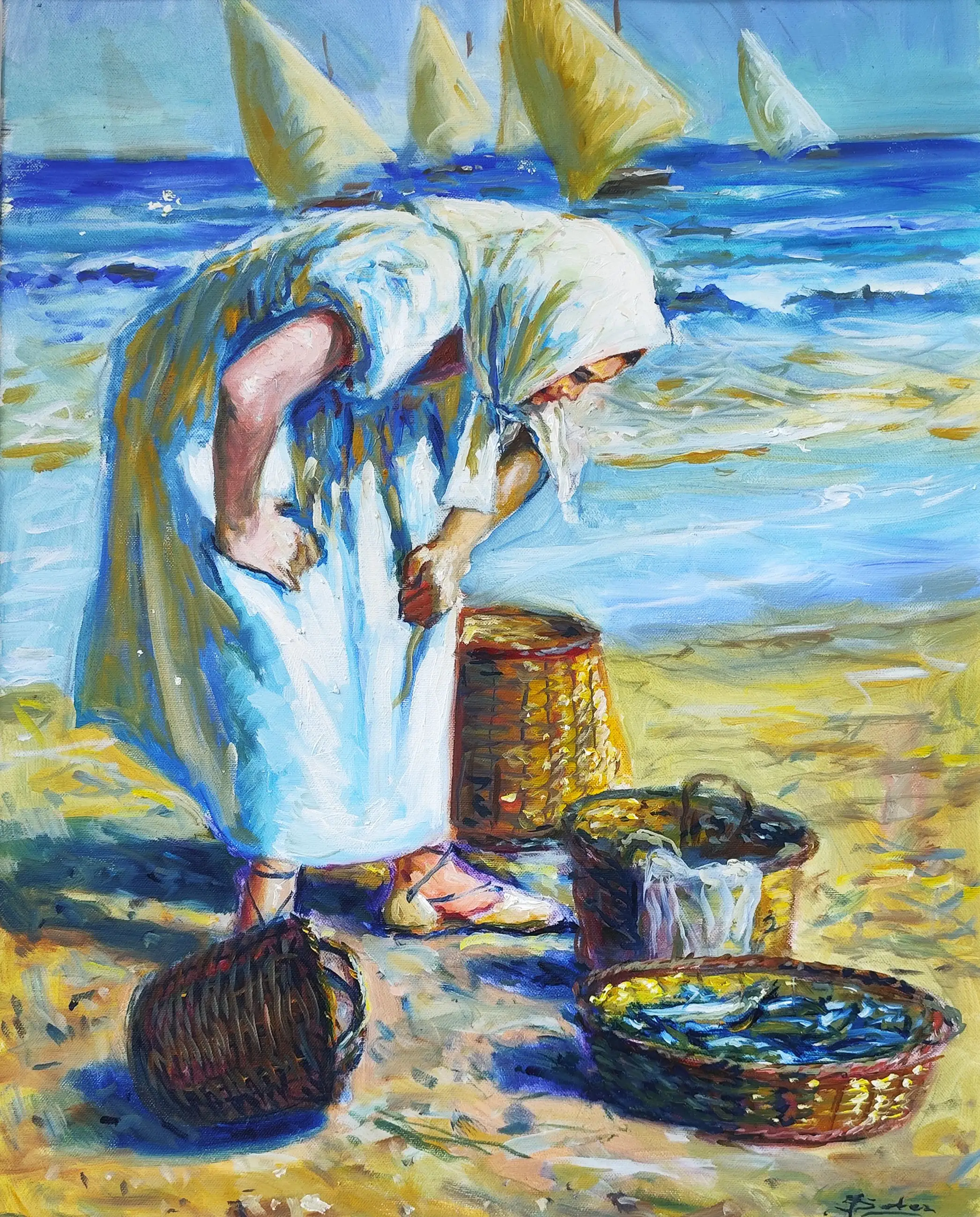 Mockup de la obra «Pescadora con sardinas» de Juan Soler