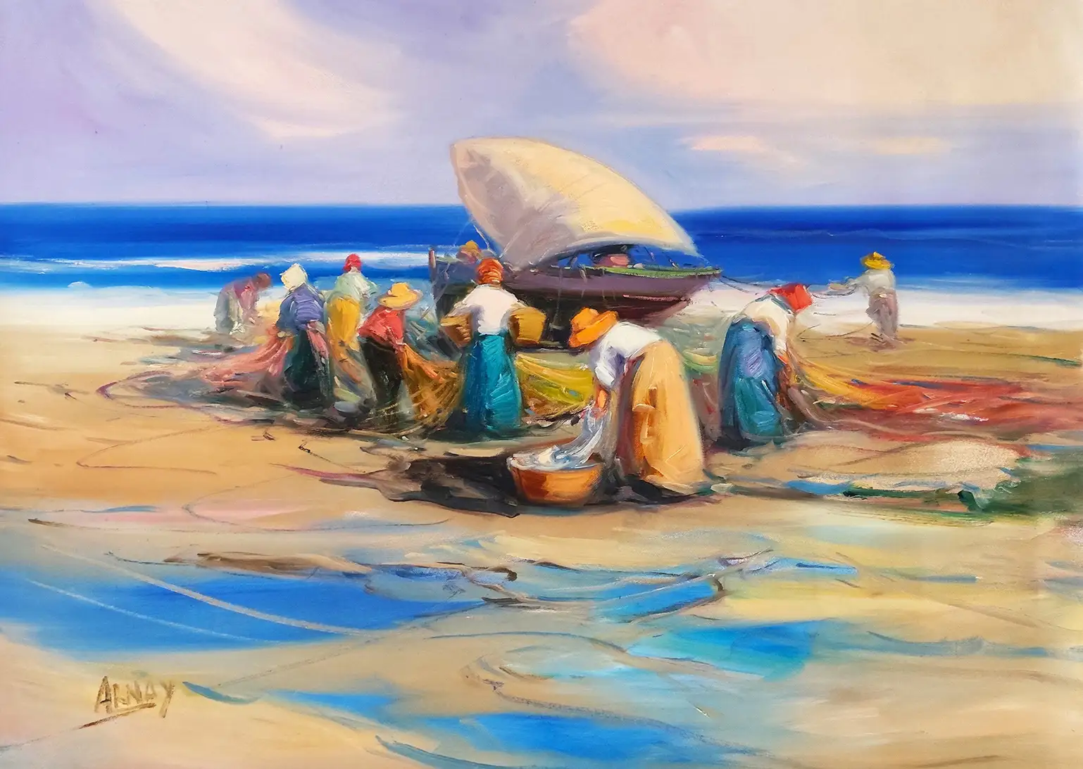 Obra titulada «Pescadores en Valencia» de Arnay