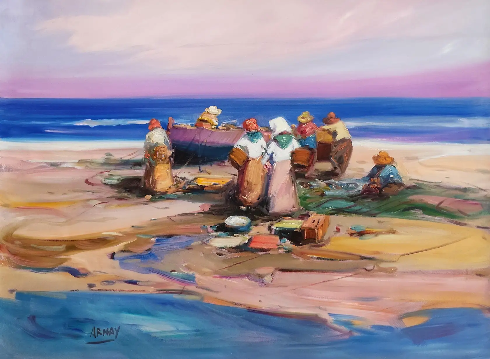 Obra titulada «Pescadores en Valencia» de Arnay