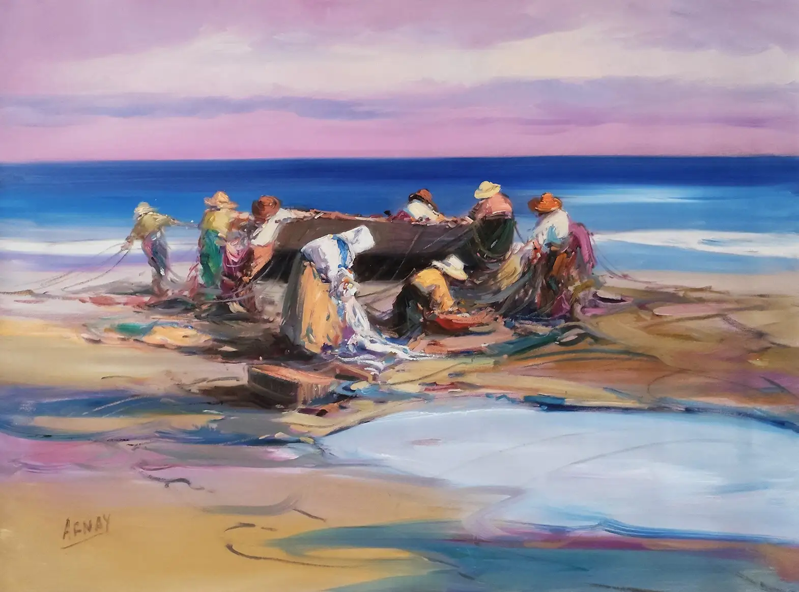 Obra titulada «Pescadores en Valencia» de Arnay