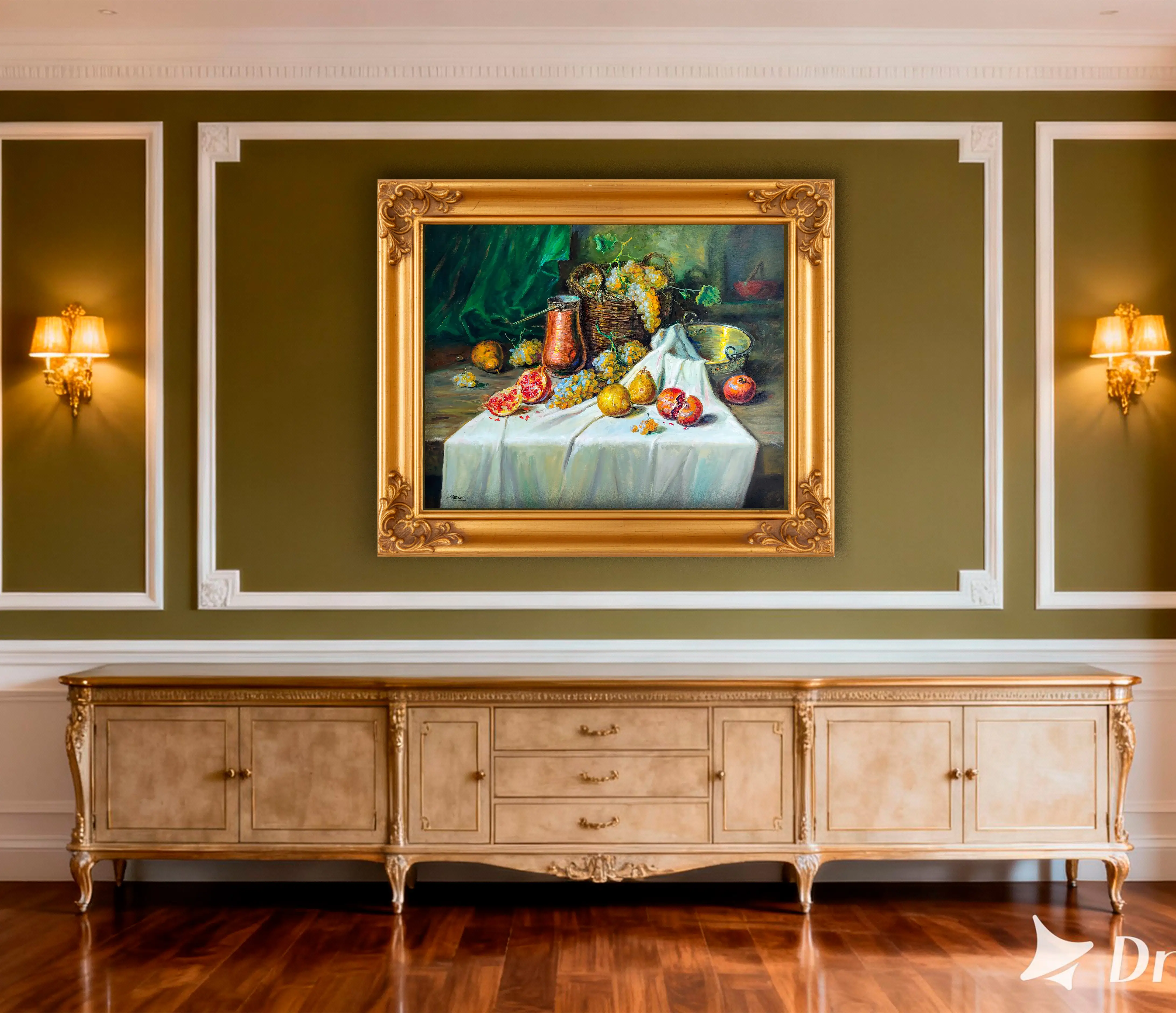 Mockup de la obra «Bodegón con frutos y bronces» de Juan Soler